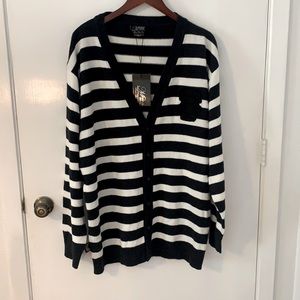 Mecca Apparel V-Neck Cardigan Sweater,  Black & White Striped,  Size Large,  NWT